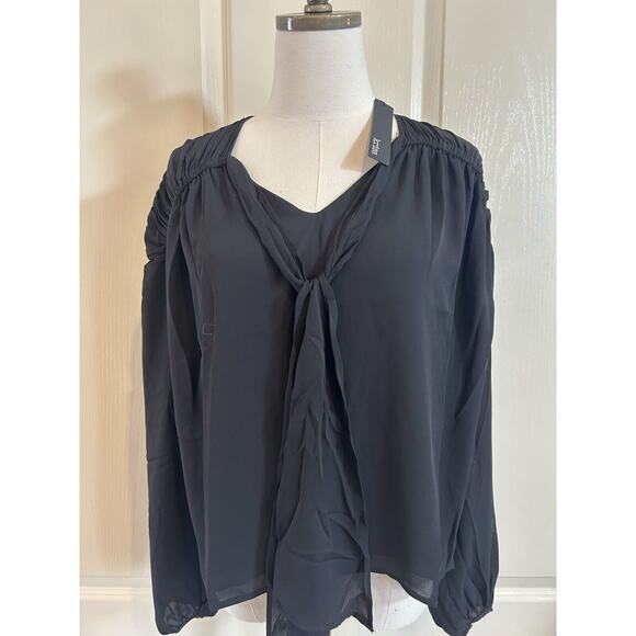 Krisa Women’s Sz xs Black Chiffon Tie Front Layered Long Sleeve Blouse NWT - Picture 1 of 8